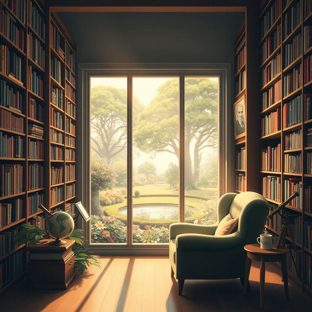 A serene and peaceful landscape illustrating the concept of knowledge, featuring a vast library with towering bookshelves filled with colorful books