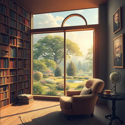 A serene and peaceful landscape illustrating the concept of knowledge, featuring a vast library with towering bookshelves filled with colorful books