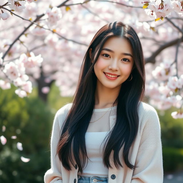 A portrait of a beautiful Korean girl, showcasing her delicate features and warm smile