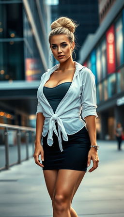 A modern, sophisticated portrayal of a 40-year-old woman with a blond hair bun and a curvy, busty figure