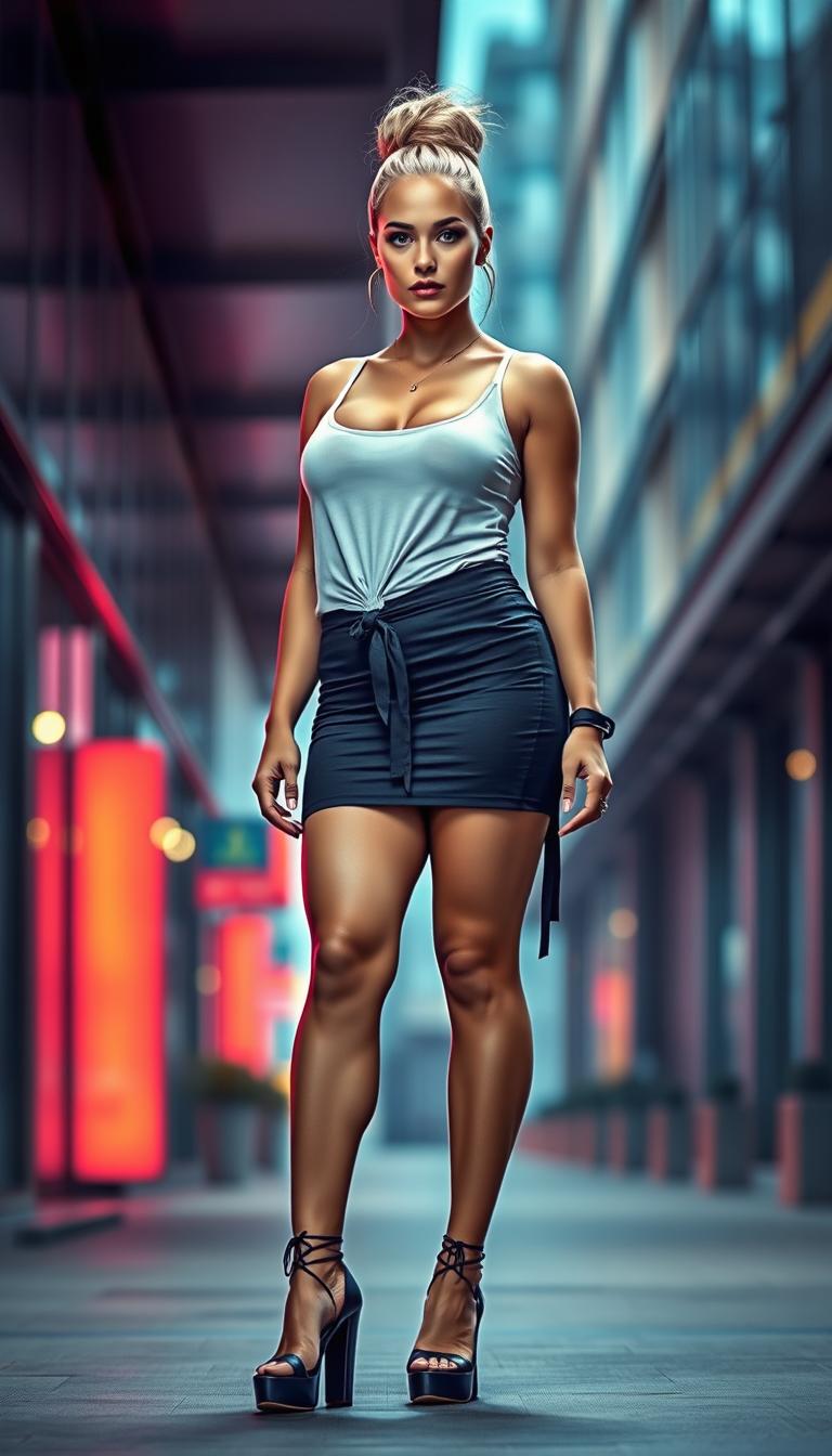 A modern, sophisticated portrayal of a 40-year-old woman with a blond hair bun and a curvy, busty figure