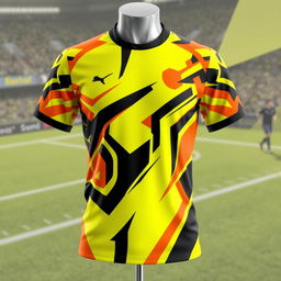 A striking football shirt design featuring a vibrant combination of yellow, orange, and black colors