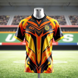 A striking football shirt design featuring a vibrant combination of yellow, orange, and black colors