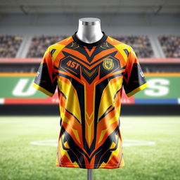 A striking football shirt design featuring a vibrant combination of yellow, orange, and black colors