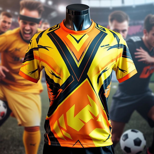 A striking football shirt design featuring a vibrant combination of yellow, orange, and black colors