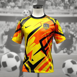 A striking football shirt design featuring a vibrant combination of yellow, orange, and black colors