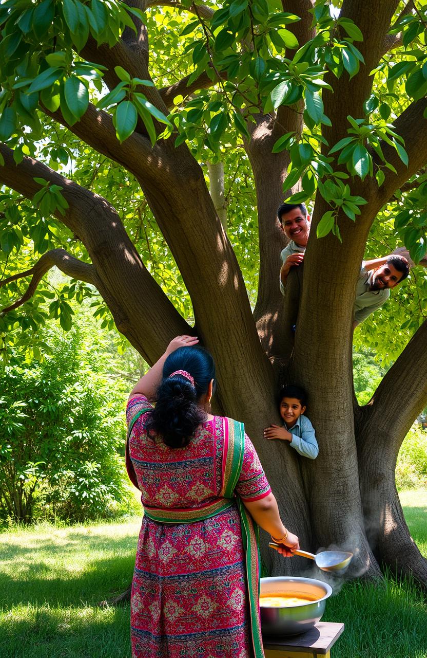 A serene outdoor scene depicting a lady cooking traditional kheer, a sweet dish, under the shade of a large, leafy tree