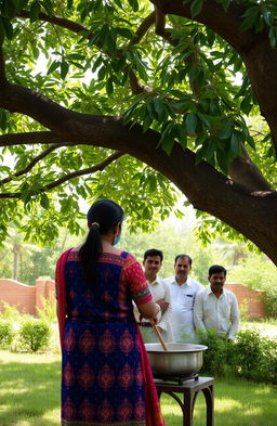 A serene outdoor scene depicting a lady cooking traditional kheer, a sweet dish, under the shade of a large, leafy tree
