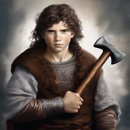 A high-resolution digital art piece featuring a young Viking with dark curly hair