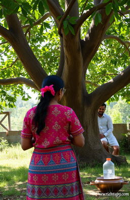 A serene outdoor scene depicting a lady cooking traditional kheer, a sweet dish, under the shade of a large, leafy tree