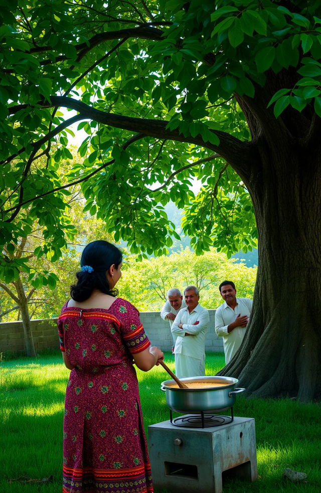 A serene outdoor scene depicting a lady cooking traditional kheer, a sweet dish, under the shade of a large, leafy tree