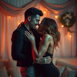 A provocative and passionate scene featuring a romantic couple, showcasing an artistic interpretation of intimacy and connection