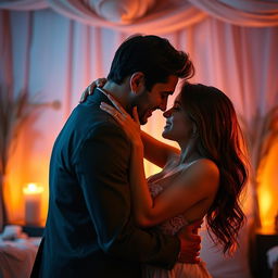 A provocative and passionate scene featuring a romantic couple, showcasing an artistic interpretation of intimacy and connection