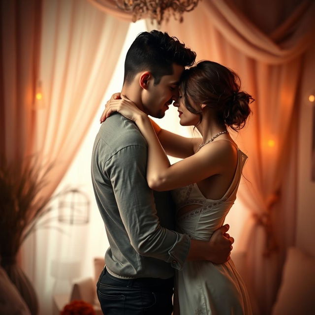 A provocative and passionate scene featuring a romantic couple, showcasing an artistic interpretation of intimacy and connection