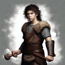 A high-resolution digital art piece featuring a young Viking with dark curly hair