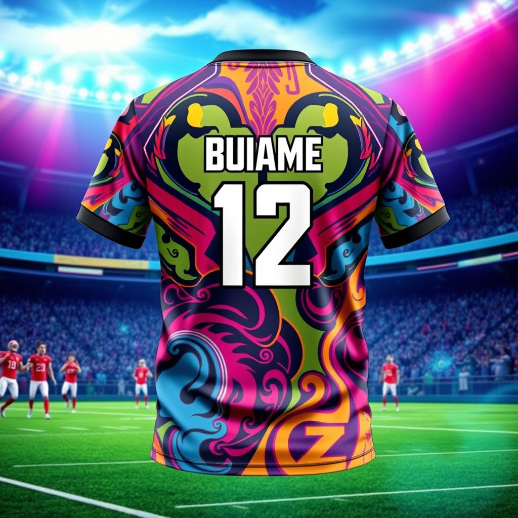 A vibrant football sublimation jersey design featuring bold colors and intricate patterns inspired by dynamic sports themes