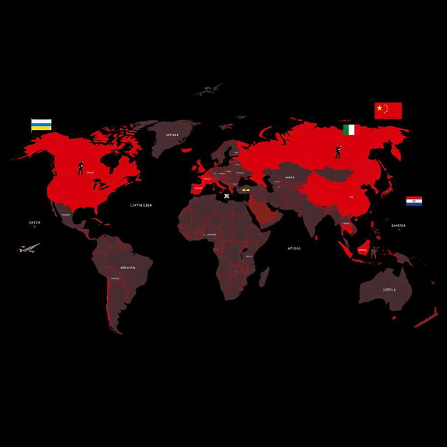 A dark-toned world map highlighting conflict areas in red, with visual and attractive representations of geopolitical tension zones such as Ukraine, the Middle East, and the South China Sea