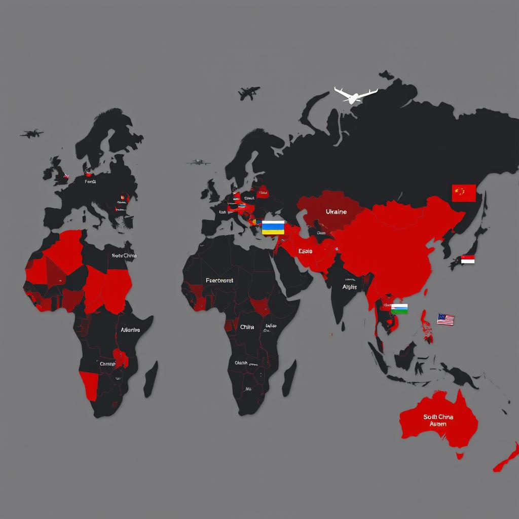 A dark-toned world map highlighting conflict areas in red, with visual and attractive representations of geopolitical tension zones such as Ukraine, the Middle East, and the South China Sea