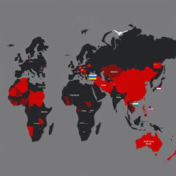 A dark-toned world map highlighting conflict areas in red, with visual and attractive representations of geopolitical tension zones such as Ukraine, the Middle East, and the South China Sea