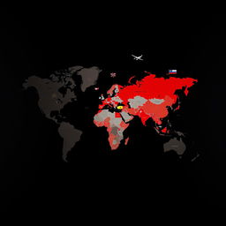 A dark-toned world map highlighting conflict areas in red, with visual and attractive representations of geopolitical tension zones such as Ukraine, the Middle East, and the South China Sea