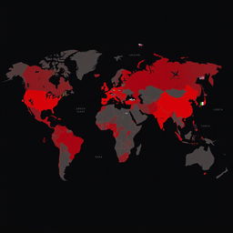 A dark-toned world map highlighting conflict areas in red, with visual and attractive representations of geopolitical tension zones such as Ukraine, the Middle East, and the South China Sea