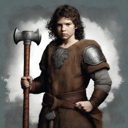 A high-resolution digital art piece featuring a young Viking with dark curly hair