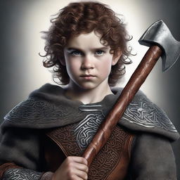 A high-resolution digital art piece featuring a young Viking with dark curly hair