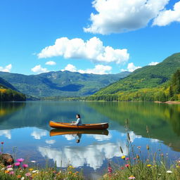 A serene landscape featuring a calm lake surrounded by lush, green mountains under a clear blue sky