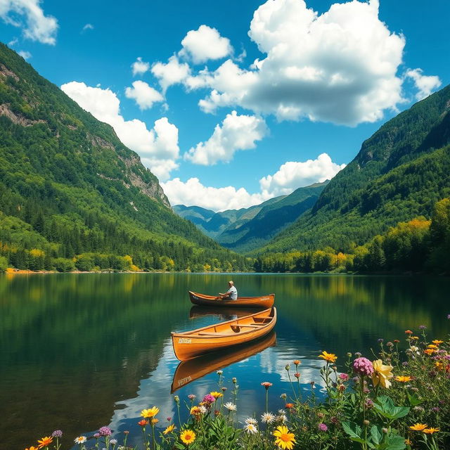 A serene landscape featuring a calm lake surrounded by lush, green mountains under a clear blue sky