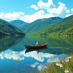 A serene landscape featuring a calm lake surrounded by lush, green mountains under a clear blue sky