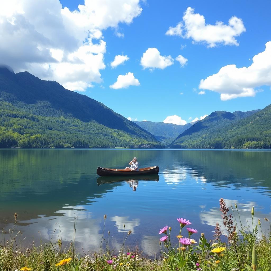 A serene landscape featuring a calm lake surrounded by lush, green mountains under a clear blue sky