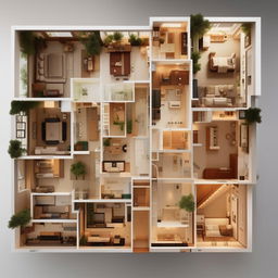 Create a detailed, high-quality layout of a two-story house, accurately showcasing the interior design, room distribution, staircases, and any key features.