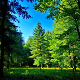 A serene landscape featuring a dense forest with tall, lush green trees, sunlight filtering through the branches, creating a dappled effect on the soft forest floor covered with leaves and wildflowers