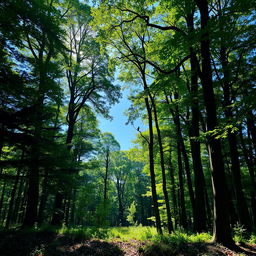 A serene landscape featuring a dense forest with tall, lush green trees, sunlight filtering through the branches, creating a dappled effect on the soft forest floor covered with leaves and wildflowers