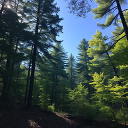 A serene landscape featuring a dense forest with tall, lush green trees, sunlight filtering through the branches, creating a dappled effect on the soft forest floor covered with leaves and wildflowers