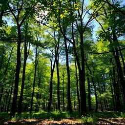 A serene landscape featuring a dense forest with tall, lush green trees, sunlight filtering through the branches, creating a dappled effect on the soft forest floor covered with leaves and wildflowers