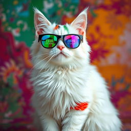 A white cat with shiny patches in green, blue, red, and black, wearing holographic glasses that display error icons