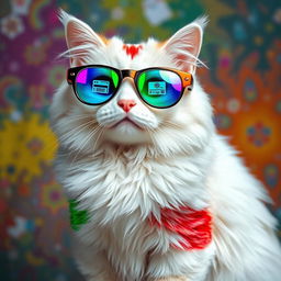 A white cat with shiny patches in green, blue, red, and black, wearing holographic glasses that display error icons