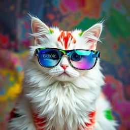 A white cat with shiny patches in green, blue, red, and black, wearing holographic glasses that display error icons