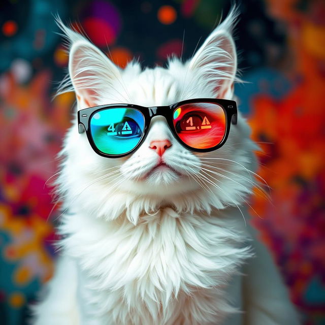 A white cat with shiny patches in green, blue, red, and black, wearing holographic glasses that display error icons