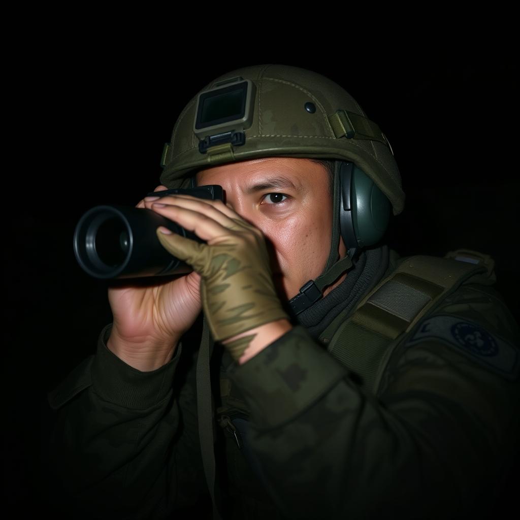 A soldier gazing through binoculars against a dark background, embodying the essence of surveillance in a conflict zone