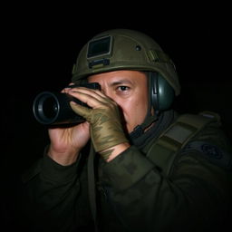 A soldier gazing through binoculars against a dark background, embodying the essence of surveillance in a conflict zone