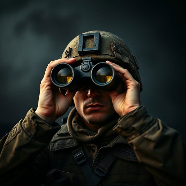 A soldier gazing through binoculars against a dark background, embodying the essence of surveillance in a conflict zone