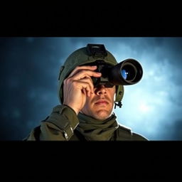 A soldier gazing through binoculars against a dark background, embodying the essence of surveillance in a conflict zone