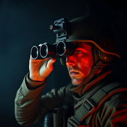 A soldier gazing through binoculars against a dark background, embodying the essence of surveillance in a conflict zone