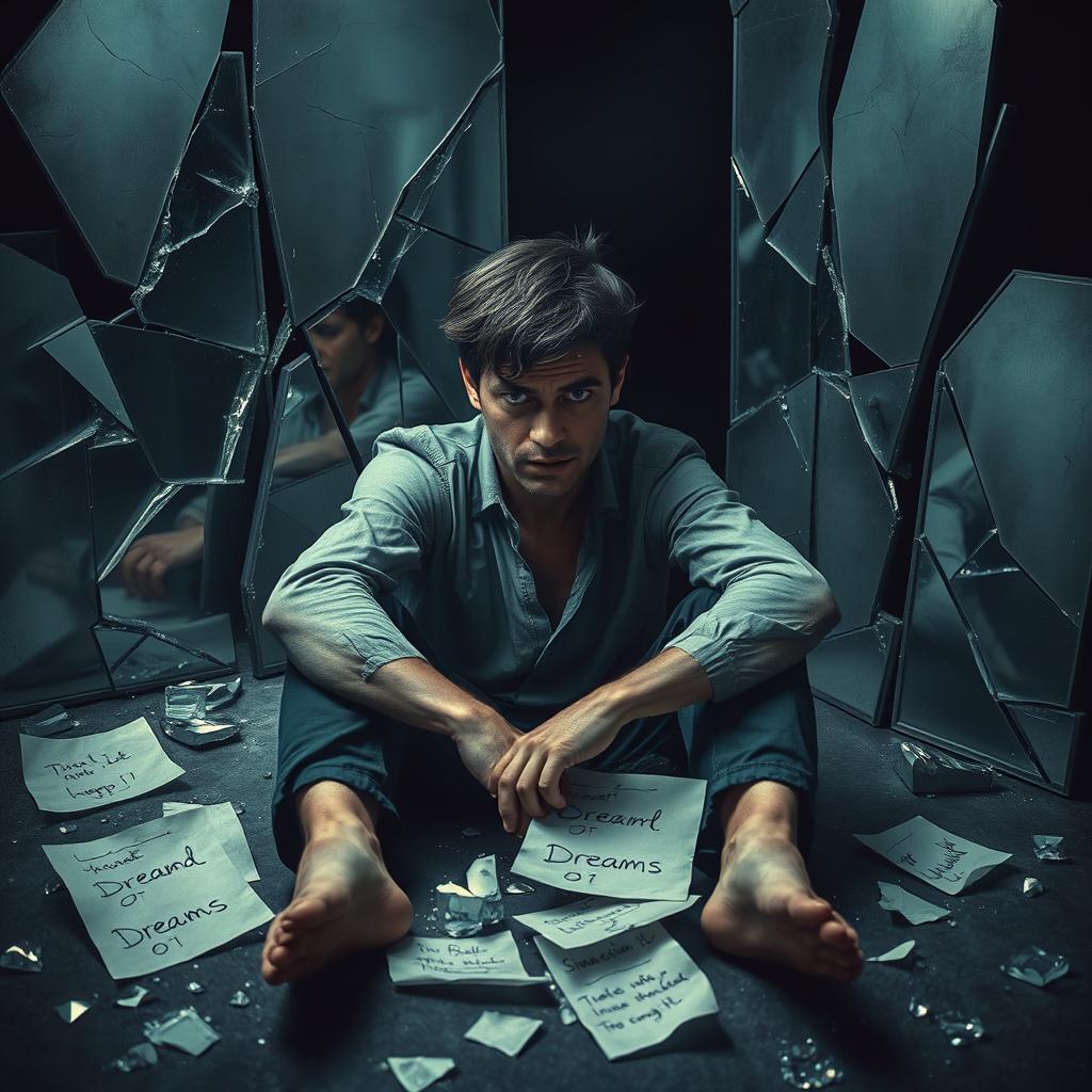 A solemn and emotional scene featuring an individual sitting on the ground, surrounded by shattered mirrors reflecting different angles of their face, broken glass scattered around, and torn pieces of paper with dreams written on them