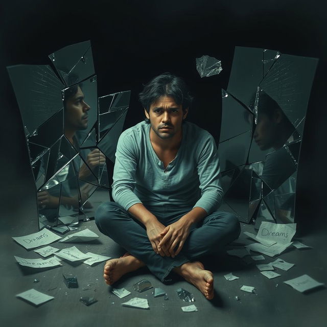 A solemn and emotional scene featuring an individual sitting on the ground, surrounded by shattered mirrors reflecting different angles of their face, broken glass scattered around, and torn pieces of paper with dreams written on them