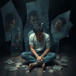 A solemn and emotional scene featuring an individual sitting on the ground, surrounded by shattered mirrors reflecting different angles of their face, broken glass scattered around, and torn pieces of paper with dreams written on them