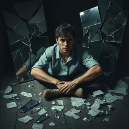 A solemn and emotional scene featuring an individual sitting on the ground, surrounded by shattered mirrors reflecting different angles of their face, broken glass scattered around, and torn pieces of paper with dreams written on them