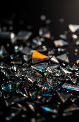 A close-up shot of shattered glass pieces scattered across a dark surface, reflecting light creating a beautiful array of colors